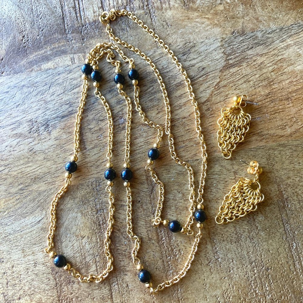 Black & Gold Necklace + Earrings Set